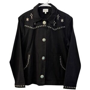 Johnny Was Jade Black Cotton Western Celestial Star Embroidered Grommet Jacket S